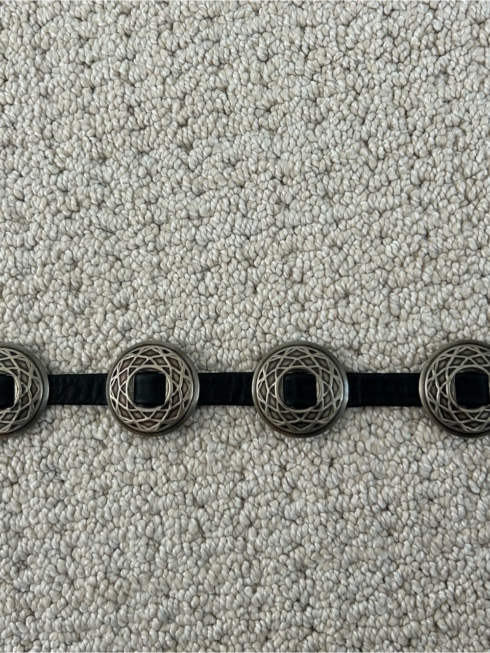 Black Faux Leather Women’s Tie Belt with Antique Silver Tone Conchos